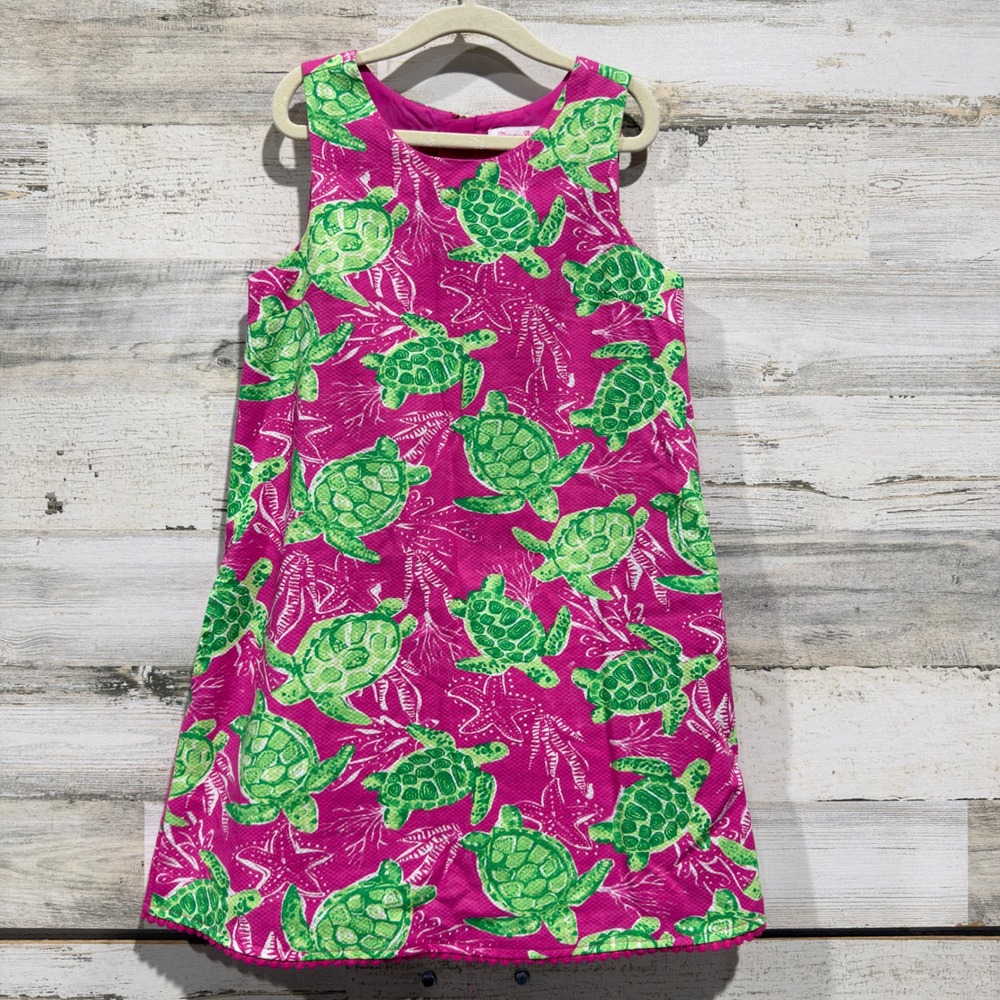 Tommy Bahama Shift Dress Girls 7 Pink Green Turtle Print Coastal EUC